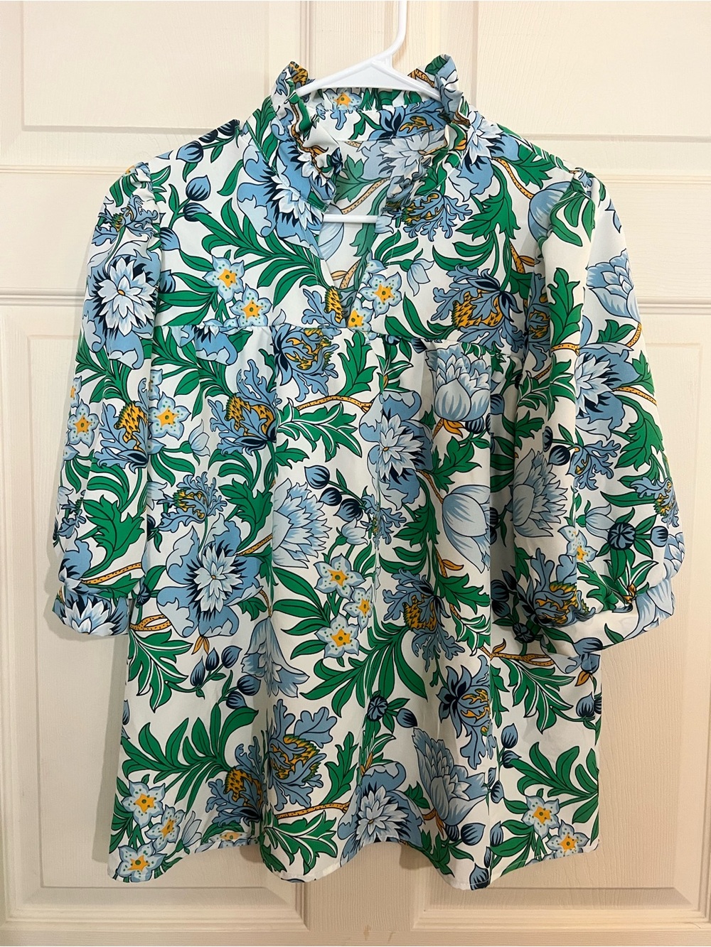 Floral Puff Sleeve Blouse in Blue & Green
